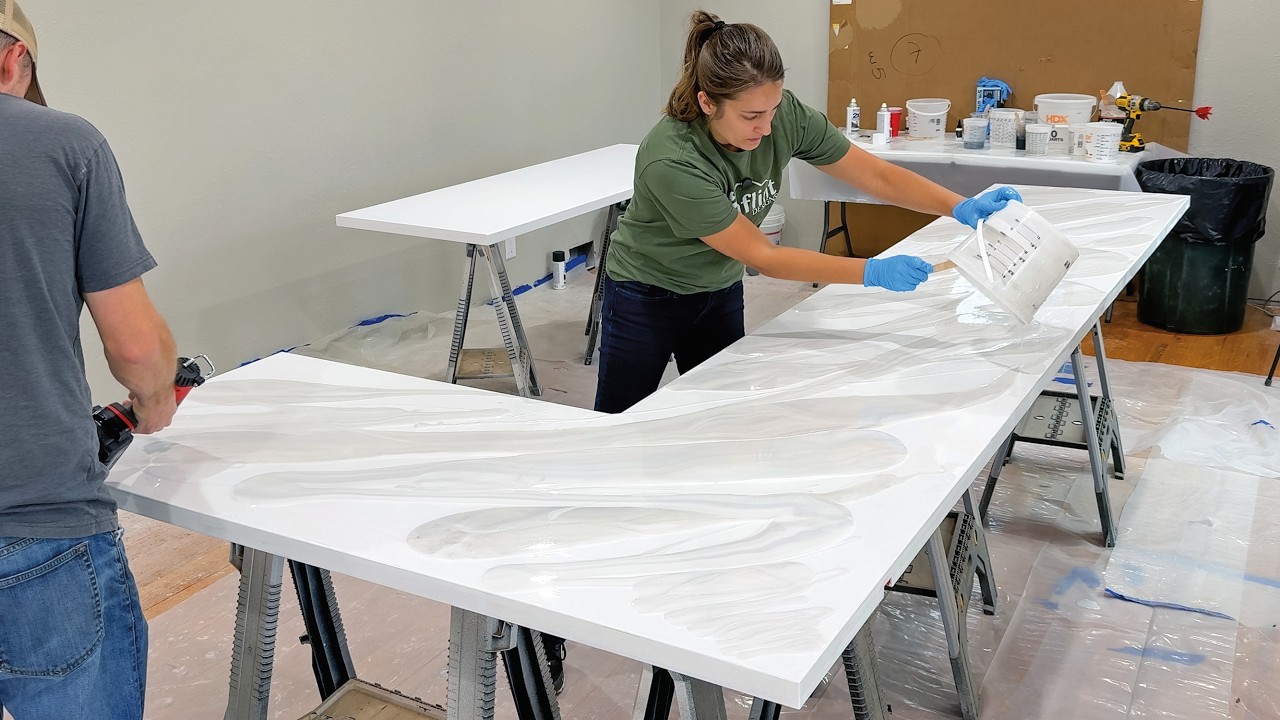 YouTube post by @GunflintDesigns for YesWelder. Caption reads: New Kitchen Counter Made from Epoxy! - Kitchen....