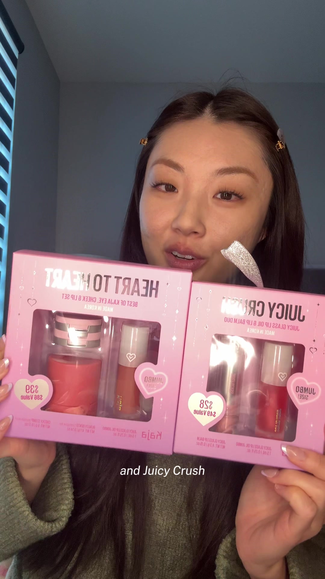 TikTok post by @banannabub for Kaja Beauty. Caption reads: Using @Kaja Beauty Heart to Heart Holiday Set—the....