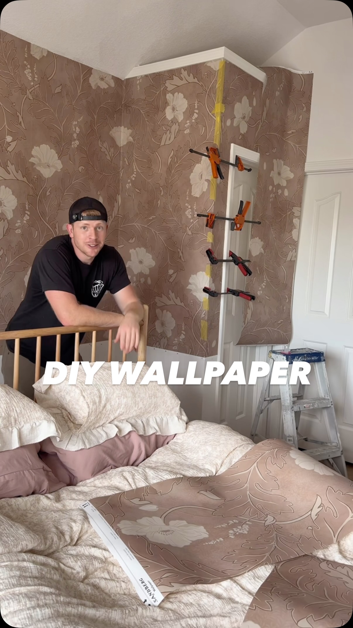 Instagram post by @satisfydiy2020 for Sandberg Wallpaper. Caption reads: First time wallpapering, had a few setbacks. But I....