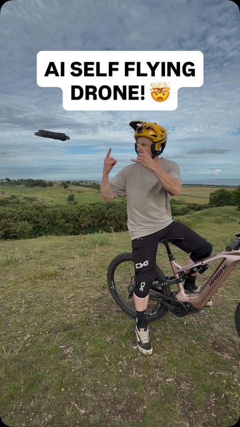 Instagram post by @tomcardymtb for HOVERAir. Caption reads: [...] up with self flying AI drones! 🤯 The....