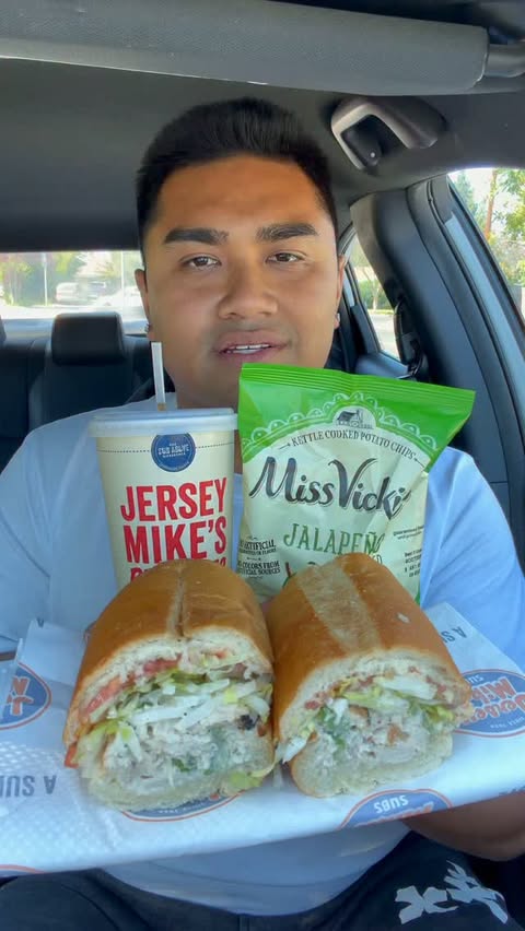Instagram post by @natelo98 for Jersey Mike's Subs. Caption reads: Trying @jerseymikes Chicken Salad Sub for only....