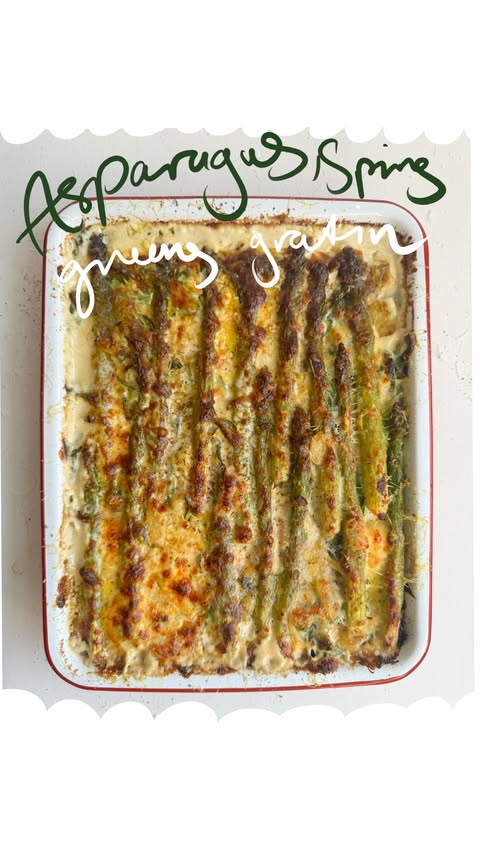 Instagram post by @antoninaparker for Squarespace. Caption reads: [...] Spring Greens + Asparagus Gratin....