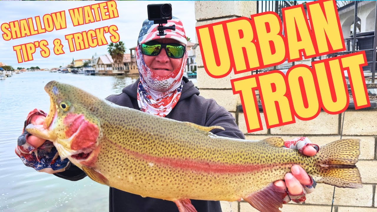 YouTube post by @SeaSpankerOutdoors for TruDave Gear. Caption reads: Urban Trout Fishing - Shallow Water Tips & Tricks.