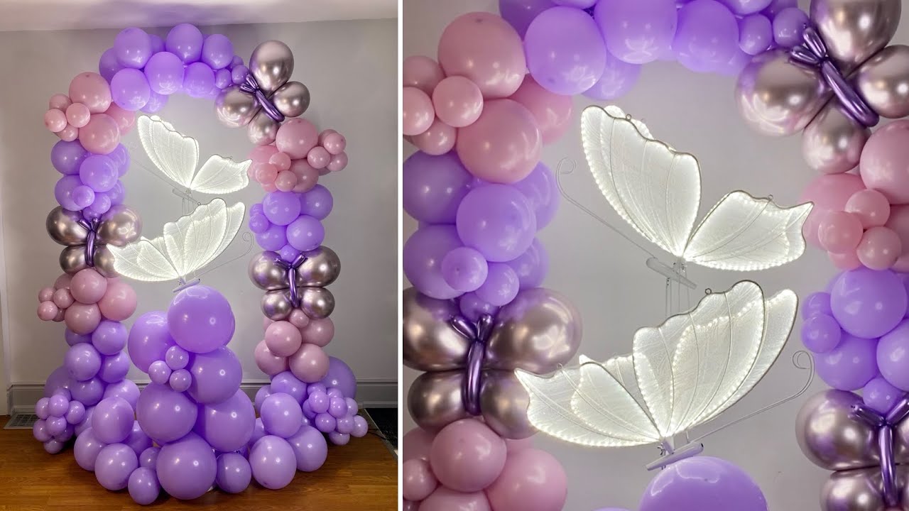 YouTube post by @askmeforaballoon for KetieStory. Caption reads: Butterfly Balloon Arch With Lights.