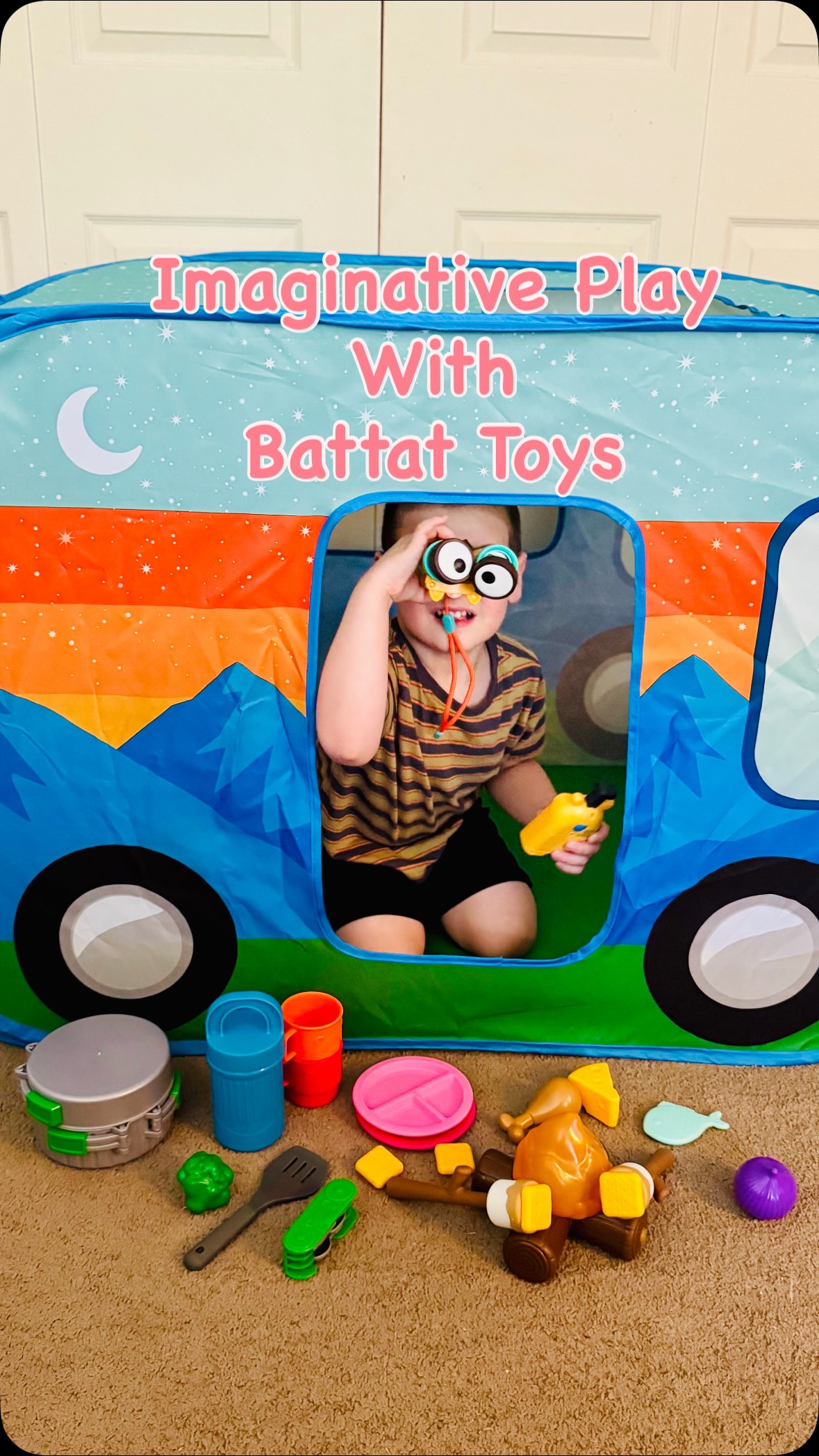 Instagram post by @dutcherstefanie for Battat Toys. Caption reads: 🚨Cutest camping setup ever? Confirmed!🏕️✨....