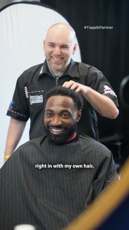 Instagram post by @kirkandre for Toppik. Caption reads: My barber always gets me right. And that final....
