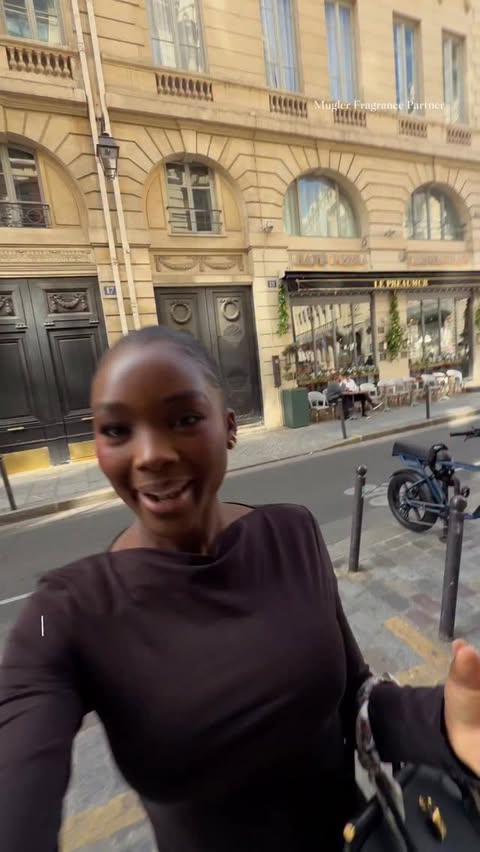 Instagram post by @melinda_melrose for Mugler. Caption reads: Two unforgettable days in Paris with Mugler....