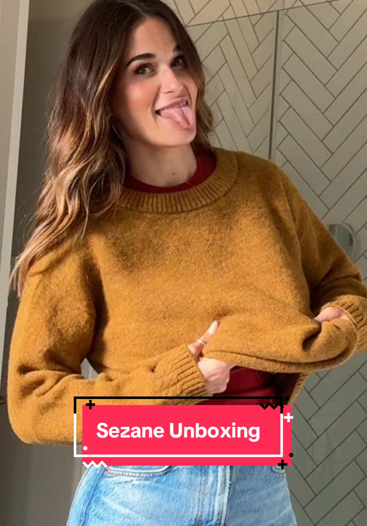TikTok post by @maggieeatsss for Sezane. Caption reads: [...] was a little too loud) #shopping #unboxing....