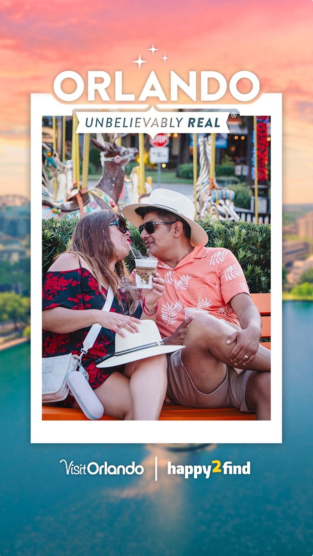 Instagram post by @happy2find for Visit Orlando. Caption reads: Love, laughter, and peace — the perfect vacation....