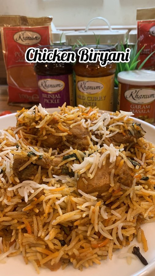 Instagram post by @thefoodtube_official for Khanum's. Caption reads: Chicken Biryani Ingredients 1. 2 cups sella rice....