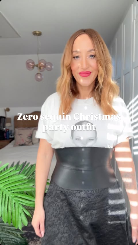 Instagram post by @katiemaxwellstylist for ALLSAINTS. Caption reads: Christmas party but hold the sequins 🍸 Comment....