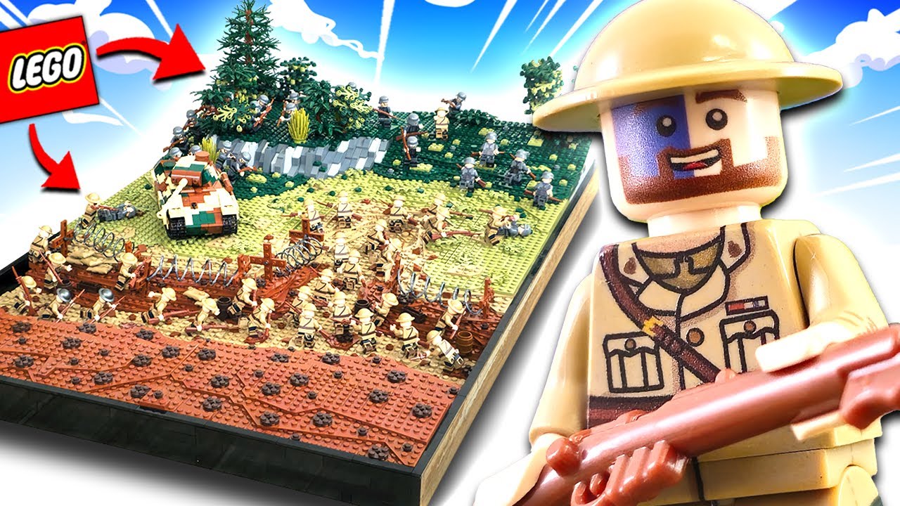 YouTube post by @ScotsPlastic for Minifigs.me. Caption reads: I built a CRAZY LEGO Moc... WW1 vs WW2!.