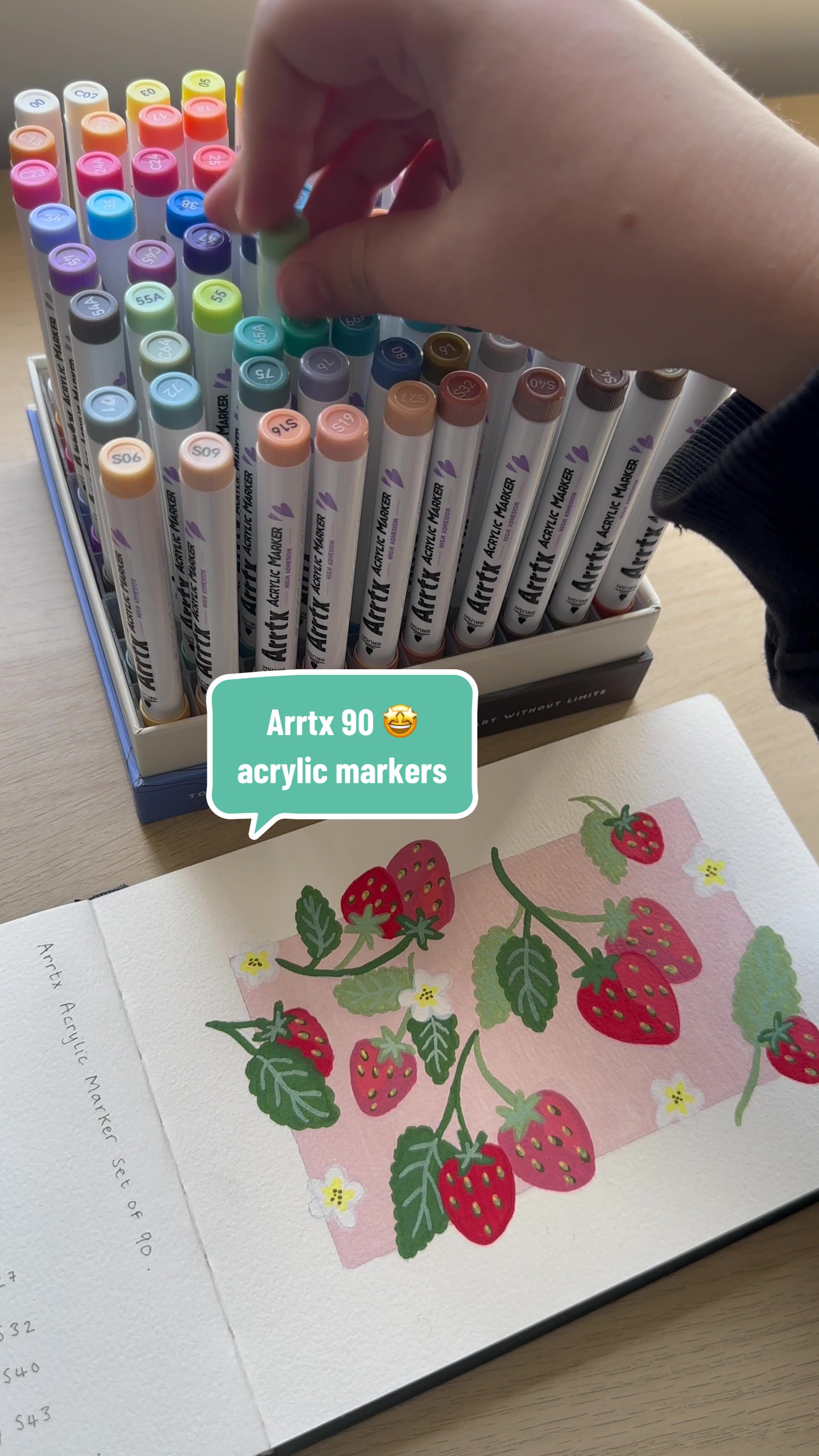 TikTok post by @meg_notes_ for Arrtx. Caption reads: Trying out @Arrtx 90 Acrylic Markers 🤩🌈 Enjoy....