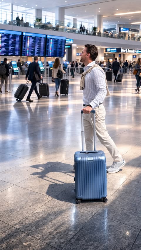 Instagram post by @rasmussoder for RIMOWA. Caption reads: Boarding with intention. Rimowa rolling beside me,....