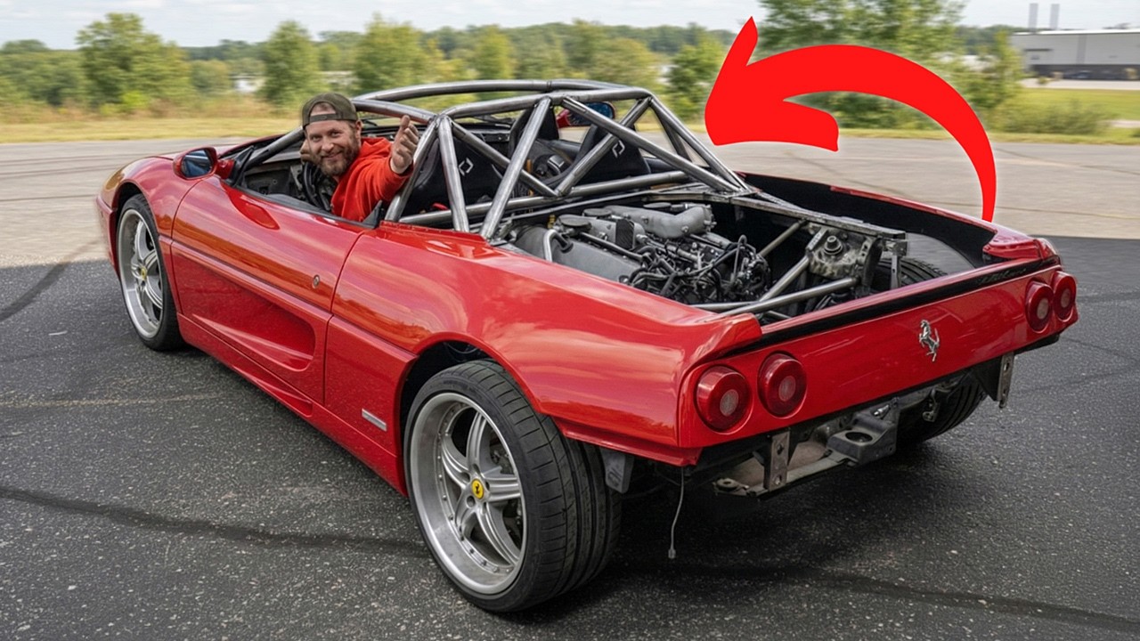 YouTube post by @GrindHardPlumbingCo for Huckberry. Caption reads: Custom Ferrari Roll Cage (For Pikes Peak Hill....