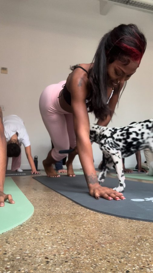 Instagram post by @iamuniquehope for Puppysphere. Caption reads: Puppy Yoga 🐾 @thepuppyspherenyc meet my loves !....