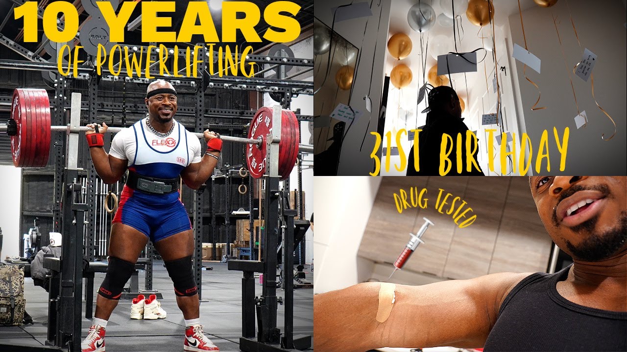 YouTube post by @RusselOrhii for SBD Apparel. Caption reads: A DECADE OF POWERLIFTING, birthday surprise, I got....