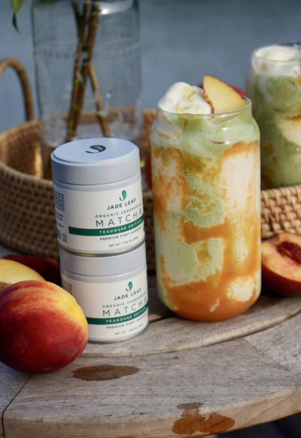 TikTok post by @theactualansley for Jade Leaf Matcha. Caption reads: [...] Peach Matcha Float is made with @Jade Leaf....