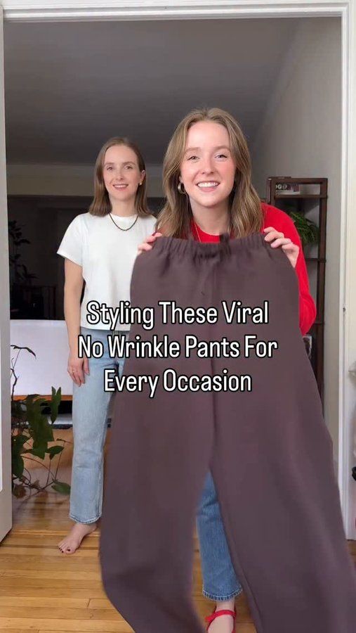 Instagram post by @two_scoops_of_style for Aritzia. Caption reads: The VIRAL no wrinkle pants are BACK!! 🙌🏻 (type....