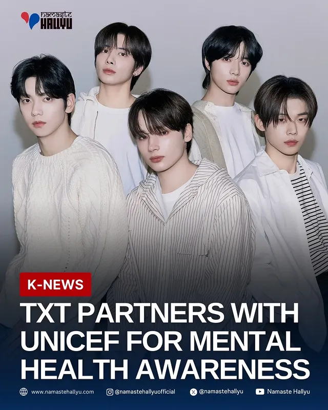 Instagram post by @namastehallyuofficial for UNICEF. Caption reads: TOMORROW X TOGETHER (@txt_bighit) joins UNICEF....