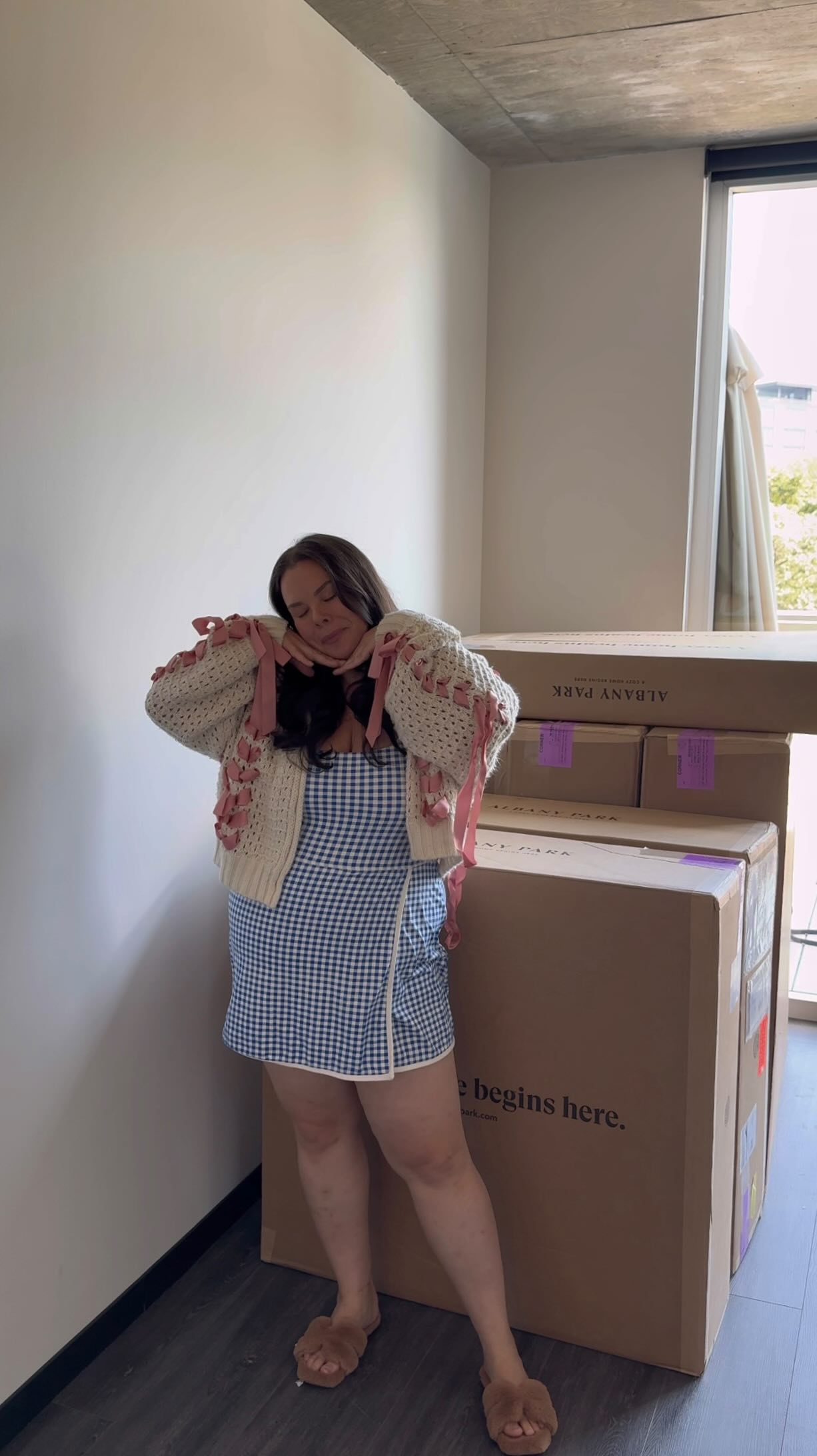 Instagram post by @denisemarieko for Albany Park. Caption reads: Y’all guess who finally got a sectional 🤭 🛋️ 

I....