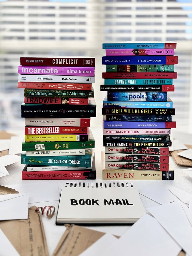 Instagram post by @suspenseisthrillingme for Scribner Books. Caption reads: 📬 BOOK MAIL…SATURDAY? 📬 Thank you to the tagged....