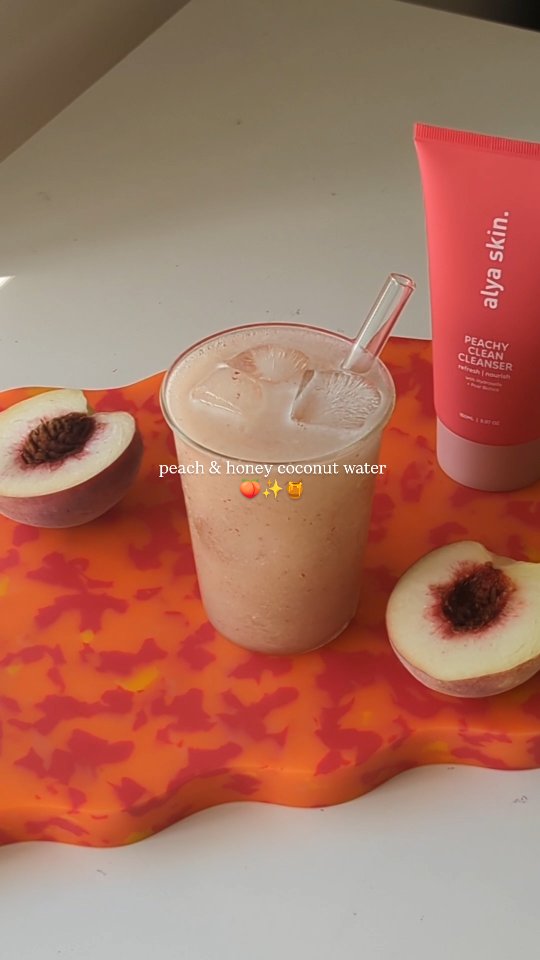 Instagram post by @mirandamakesfood for Alya Skin. Caption reads: a peach & honey coconut water inspired by the new....