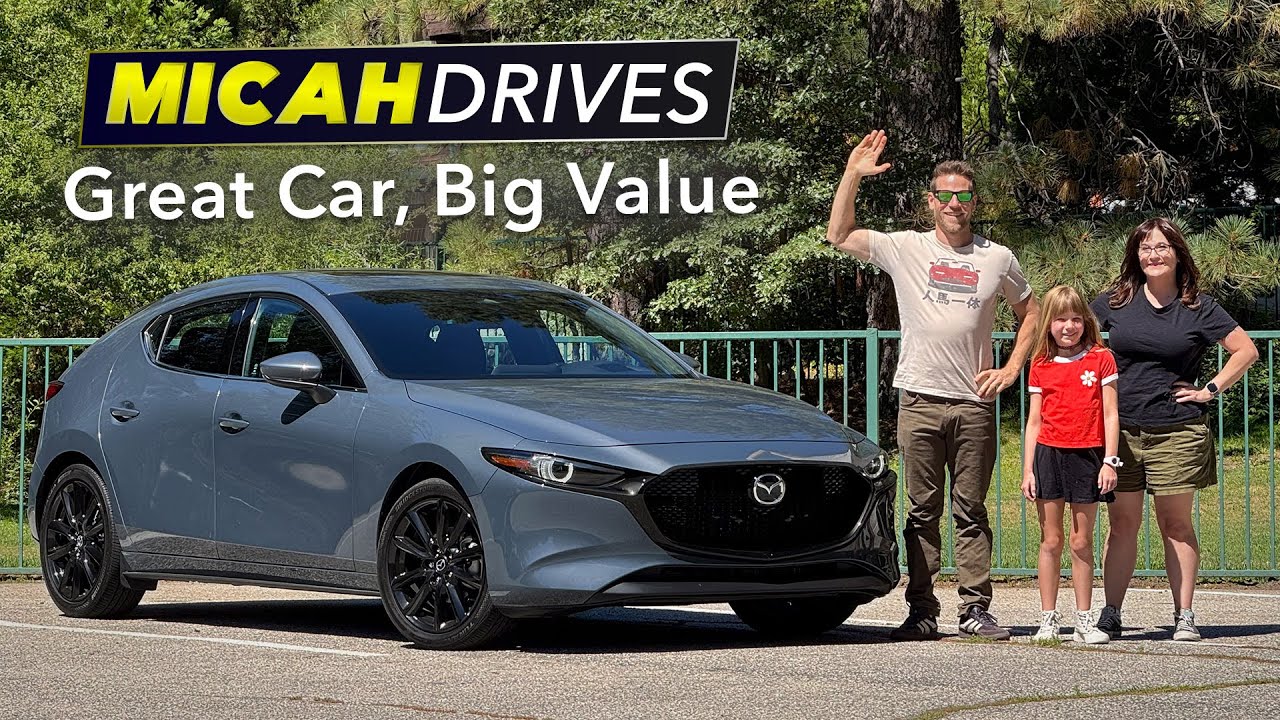 YouTube post by @MicahMuzio for Flying Eyes Optics. Caption reads: 2025 Mazda3 Review | The Affordable Car You’ll....