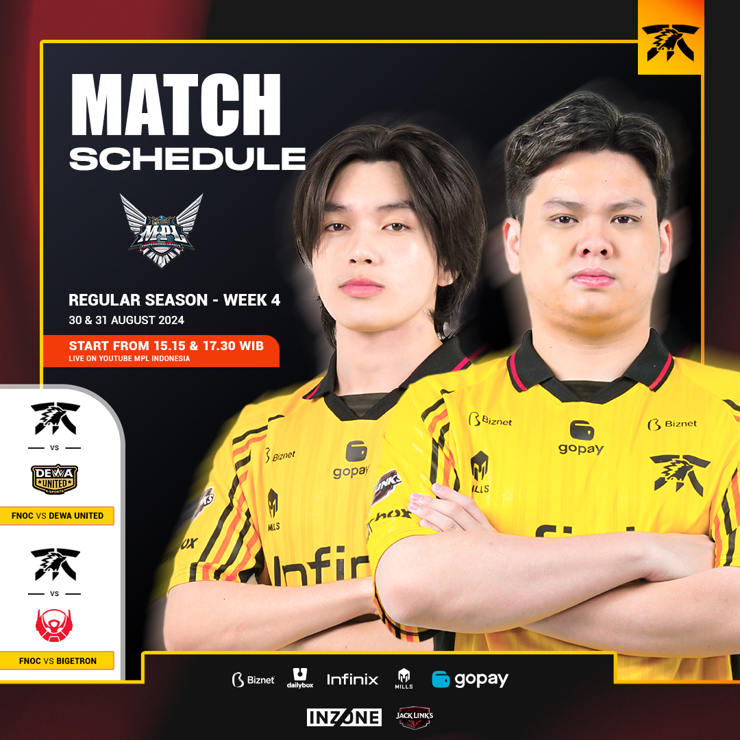 Instagram post by @onic.esports for FNATIC. Caption reads: [...] memasuki Week 4. Catat jadwal match Fnatic....
