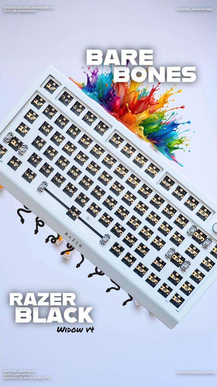 Instagram post by @theshufflefluff for Razer. Caption reads: Just got my hands on the new Razer BlackWidow V4....