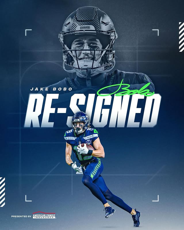 Instagram post by @uclafootball for American Family Insurance. Caption reads: We’ve re-signed Jake Bobo. #GoHawks x @amfam.