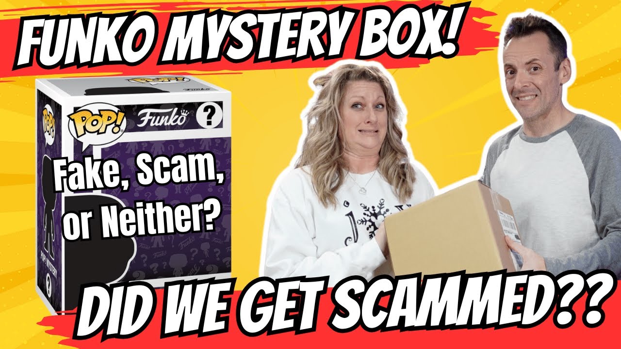 YouTube post by @ThePoppinDuo for Mercari. Caption reads: Did we get SCAMMED in our Funko Pop Mystery Box....