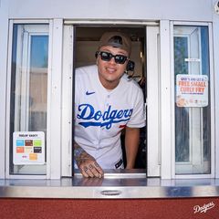 Instagram post by @dodgers for Jack In The Box. Caption reads: When you pull up to the drive-thru and see Julio.....