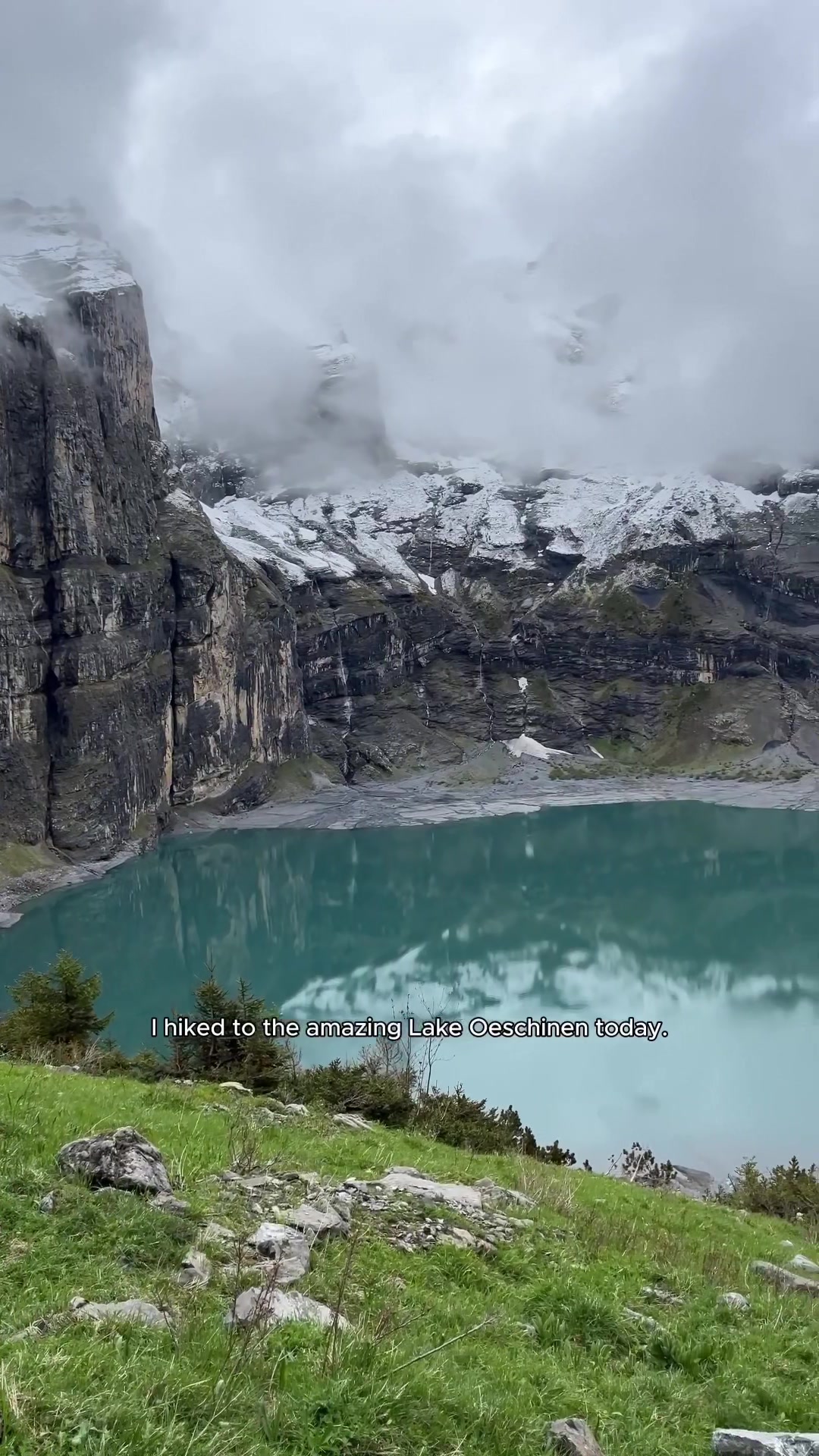 TikTok post by @travel_with_domi for American Tourister. Caption reads: #ad Details👇 📍Lake Oeschinen, Switzerland ➡️3,5....