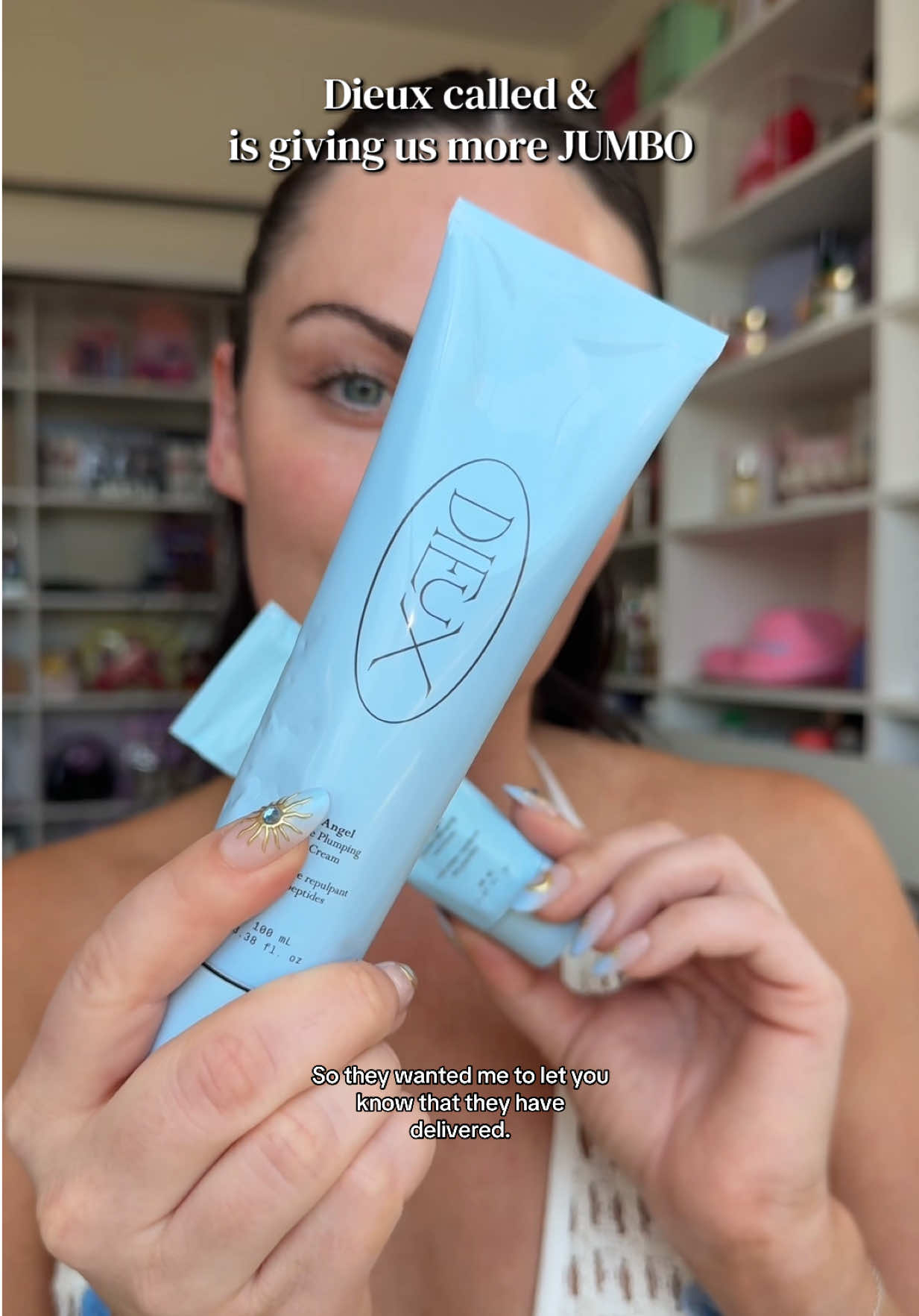 TikTok post by @kristynhoffman96 for Dieux. Caption reads: @dieux called to spill the tea on the new JUMBO....