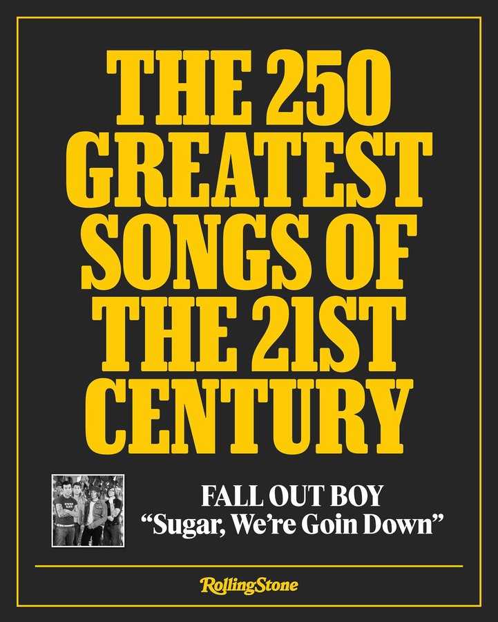 Instagram post by @falloutboy for Rolling Stone. Caption reads: 20 years later and Sugar, We’re Goin Down is still....