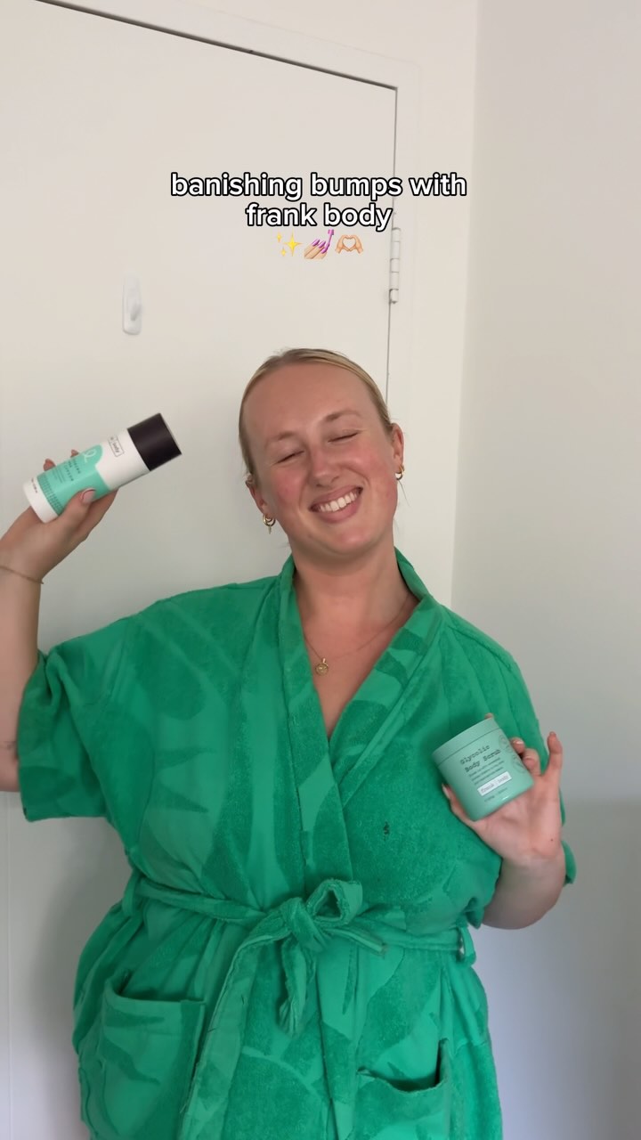 Instagram post by @elloise_fit for Frank Body. Caption reads: My skin doesn’t have to be perfect, but it’s....