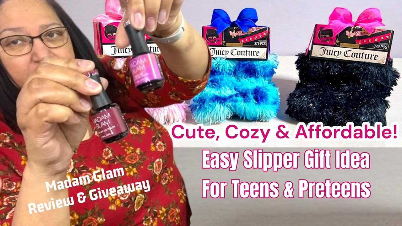 YouTube post by @everythinginthebasket for Madam Glam. Caption reads: Cute, Cozy & Affordable! Easy Slipper Gift Idea....