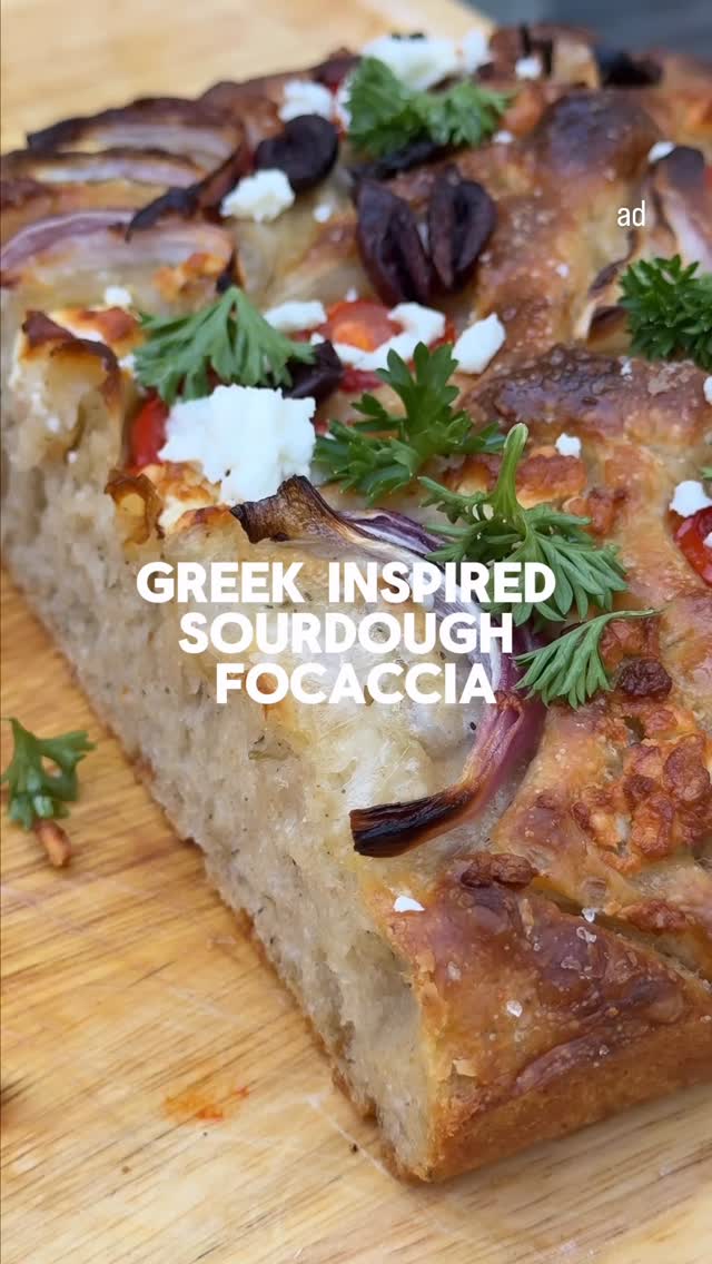 Instagram post by @betterbakeskitchen for Amazon Fresh. Caption reads: Sourdough Focaccia but make it GREEK🤝🇬🇷 #ad

I....