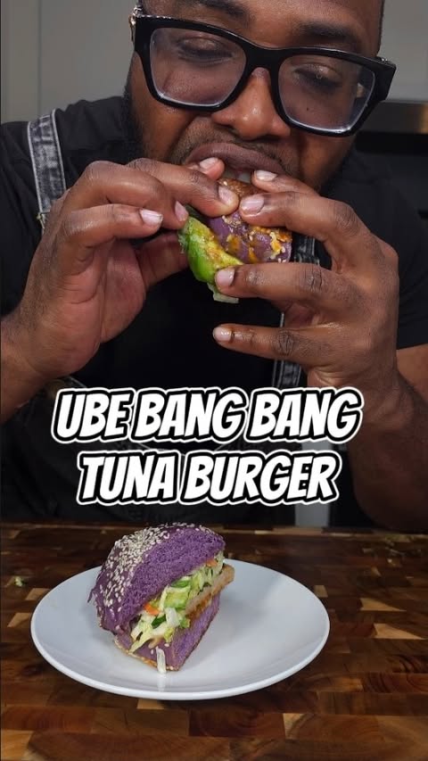 Instagram post by @chef.kennyeats for Safe Catch. Caption reads: Ube Bang Bang Tuna Burger, I put @safecatchfoods....