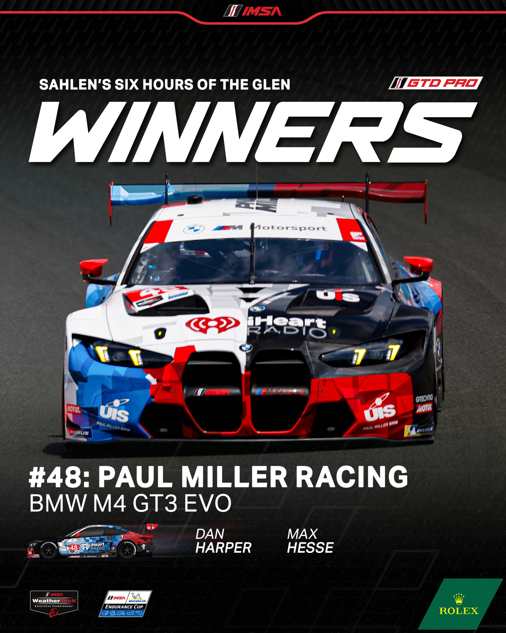 Instagram post by @paulmillerracing for ROLEX. Caption reads: Congratulations to the No. 48 Paul Miller Racing,....