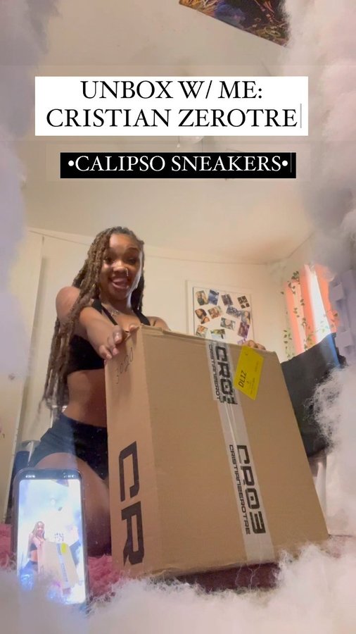 Instagram post by @amore.enana for CRISTIANZEROTRE. Caption reads: [...] CALIPSO sneakers🤍 • •Shoutout to....