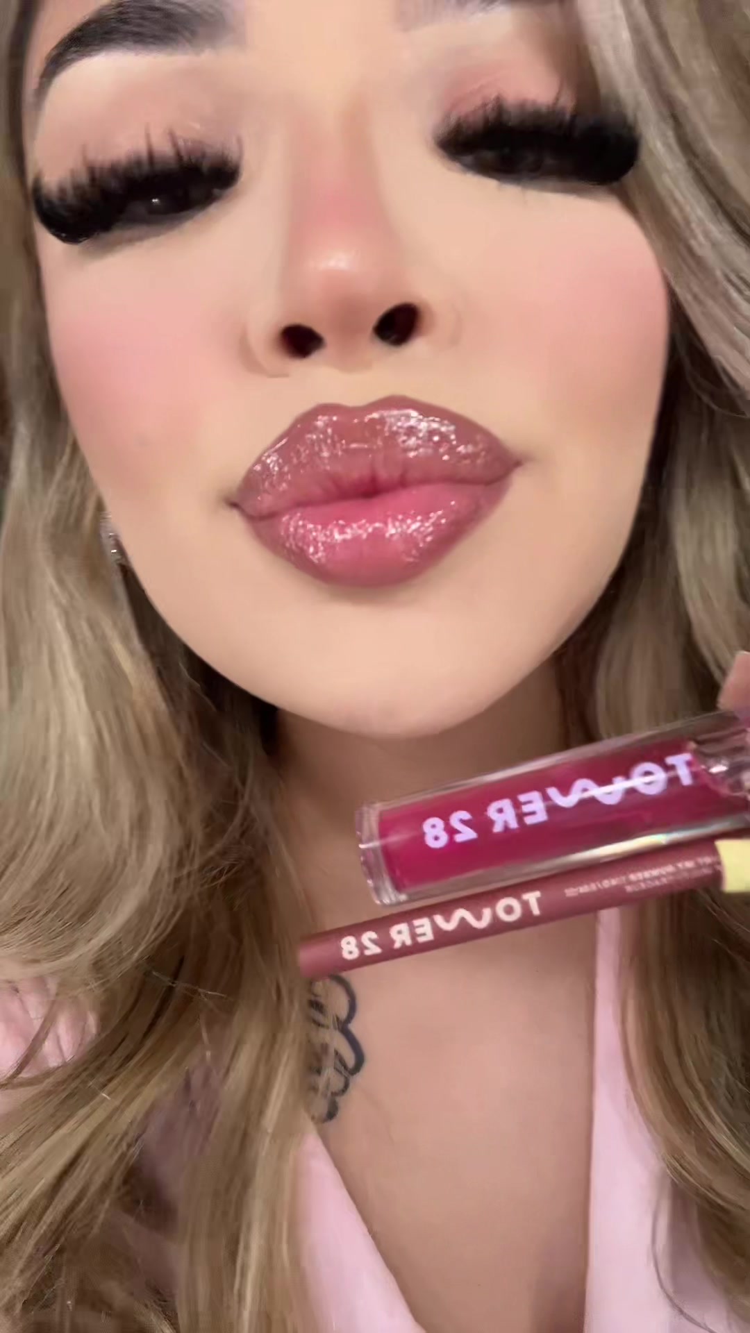 TikTok post by @solidlex_ for Tower 28 Beauty. Caption reads: @Tower 28 Beauty 👄 lip combo ✨ #lipcombo #tower28....