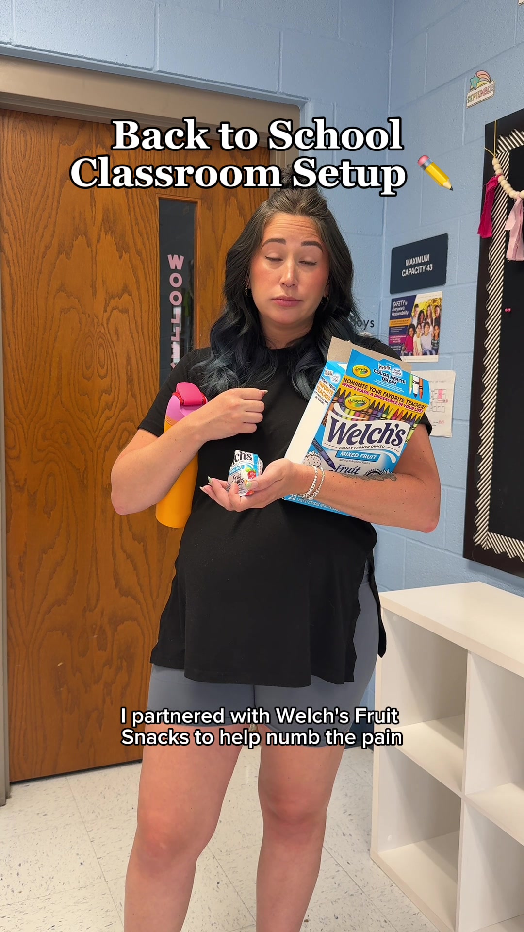 TikTok post by @mrs.woolleyin5th for Crayola. Caption reads: ✨Back-to-school setup = 87% chaos, 12% labeling....