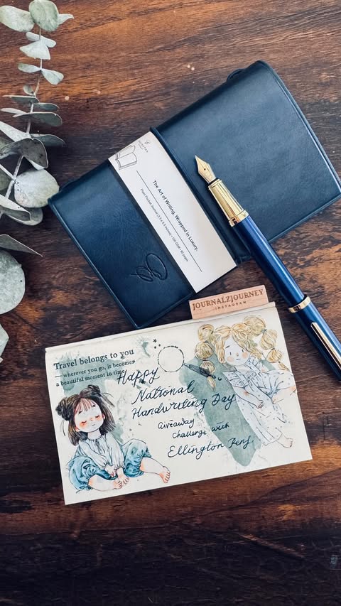 Instagram post by @journalzjourney for Ellington Pens. Caption reads: [...] these hashtags: #NationalHandWriting....