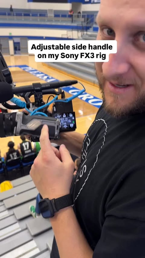 Instagram post by @travisdennymedia for SmallRig. Caption reads: [...] release adjustable side handle from....