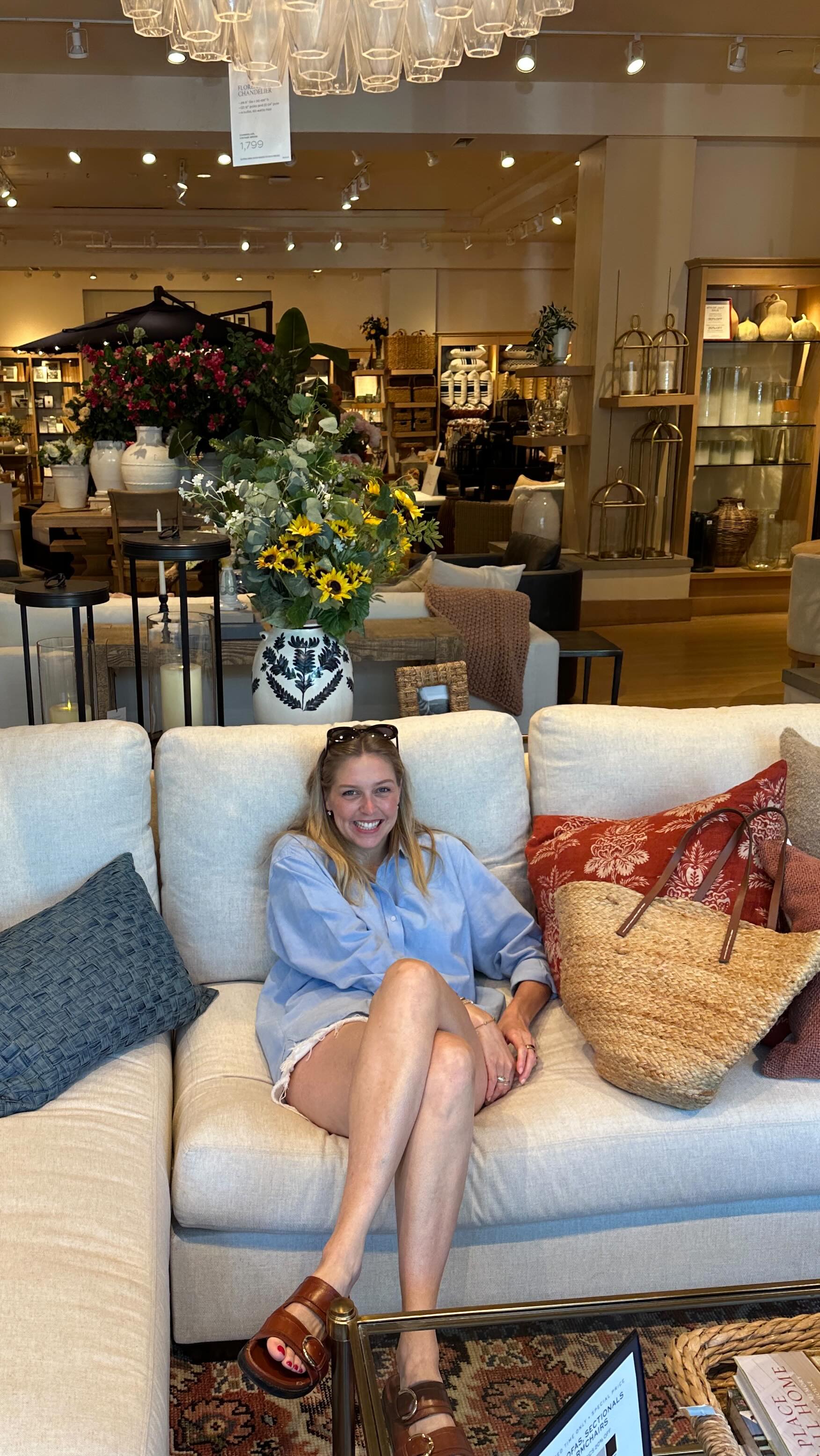 Instagram post by @confessionsbyannie for Crate and Barrel. Caption reads: The time has come for a new couch, and shopping....