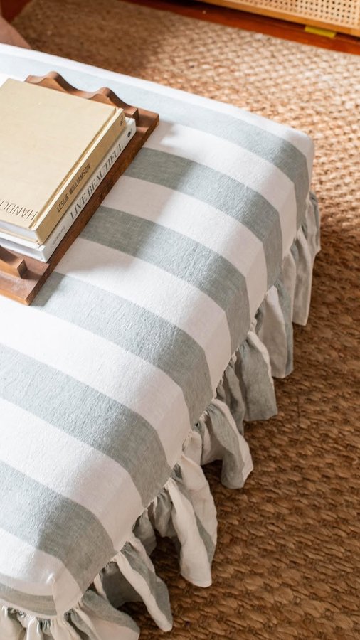 Instagram post by @genevavanderzeil for Fiskars. Caption reads: Making a ruffled ottoman ✂️ This old ottoman had....