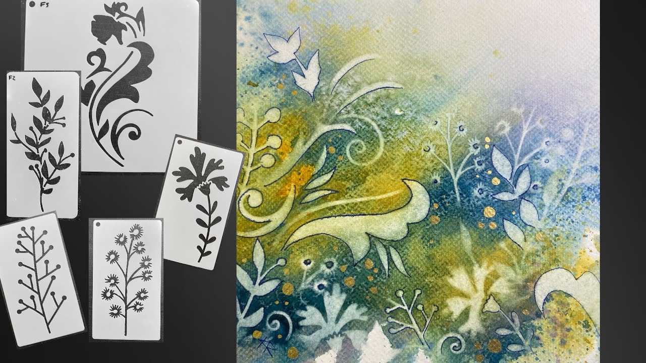 YouTube post by @KristaRobertsonArt for MEEDEN ART. Caption reads: Reverse Stenciling WATERCOLOR & Ink - easy &....