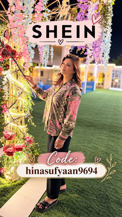 Instagram post by @hinasufyaan for SHEIN Arabic. Caption reads: 🥳Download the SHEIN App to check out these....